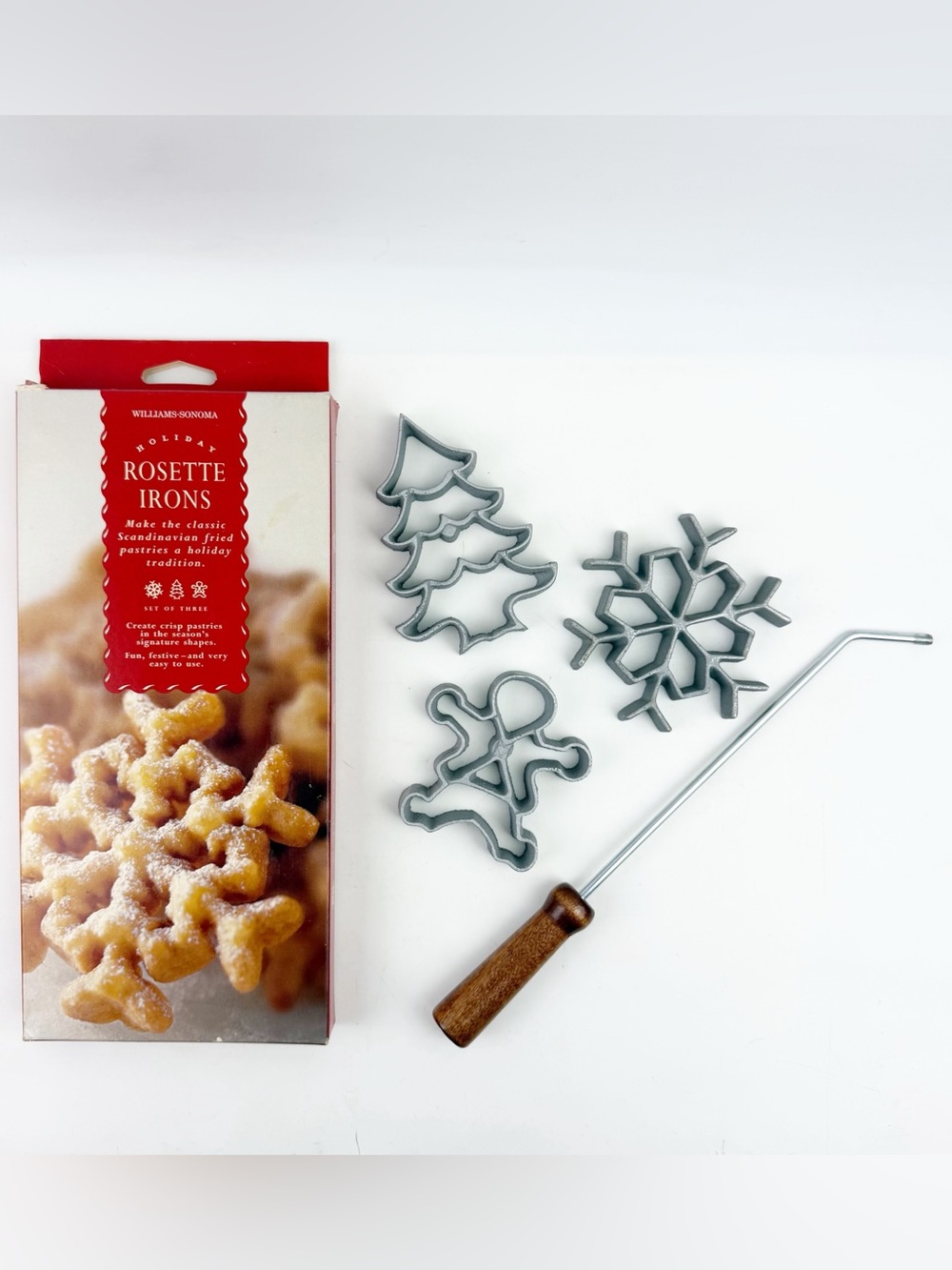 Williams Sonoma Holiday Rosette Irons Snowflake Tree Gingerbread Box 3 pc Nordic